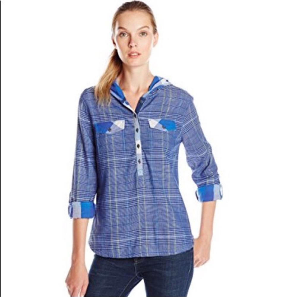 Prana blue plaid Anja hooded shirt